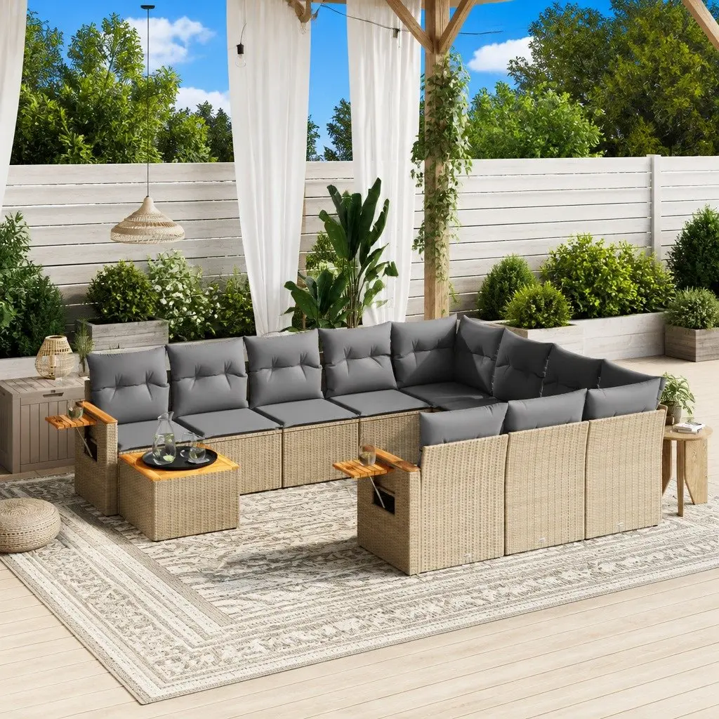 11 Piece Modular Sofa Set Beige PE Rattan Acacia Wood Patio Furniture