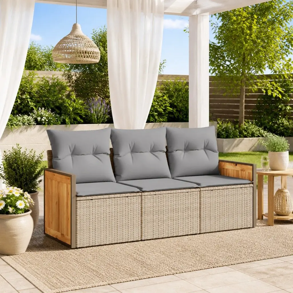 Beige Rattan 3 Piece Garden Sofa Set with Cushions