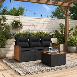 Black Modular 4-Piece Patio Sofa Set with Cushions