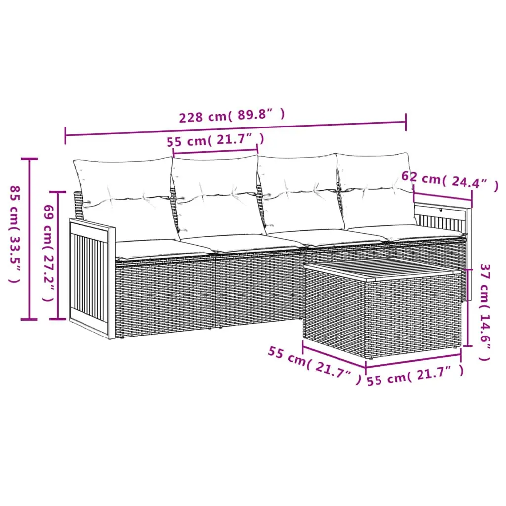 5 Piece Garden Sofa Set PE Rattan Modular Outdoor Furniture Acacia Wood Table Beige Cushions