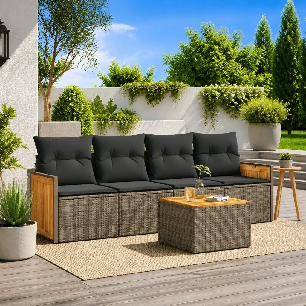 5-Piece Grey Poly Rattan Sofa Set for Outdoors