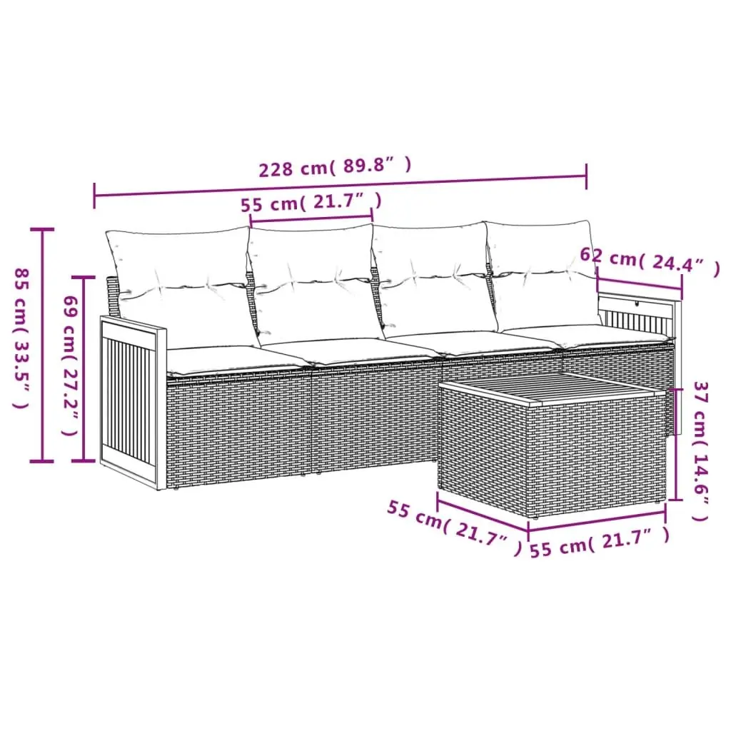 5-Piece Grey Poly Rattan Sofa Set for Outdoors