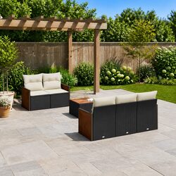 6-Piece Black Poly Rattan Outdoor Garden Sofa Set