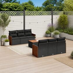 7-Piece Black Poly Rattan Outdoor Sofa Set with Cushions