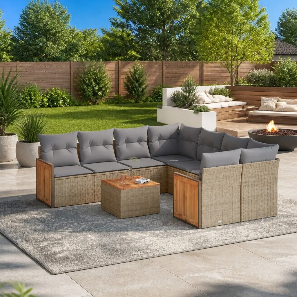 9 Piece Beige Rattan Outdoor Sofa Set