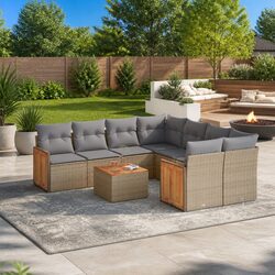 Stylish 9 Piece Beige Rattan Outdoor Sofa Set