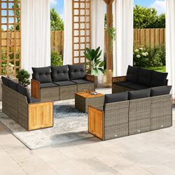 Durable 13-Piece Garden Sofa Set with Cushions in Grey Rattan