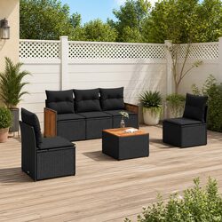 6-Piece Black Poly Rattan Outdoor Sofa Set with Cushions