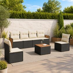 7 Piece Modular Black Rattan Garden Sofa Set with Cushions
