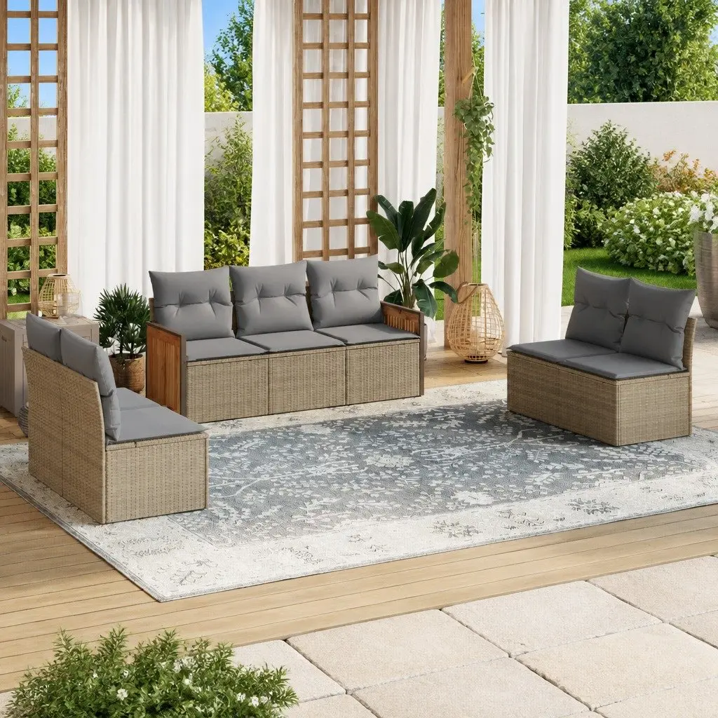 Beige Poly Rattan Garden Sofa Set 7 Piece with Cushions