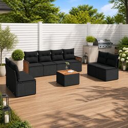 9-Piece Black Outdoor Garden Sofa Set with Cushions