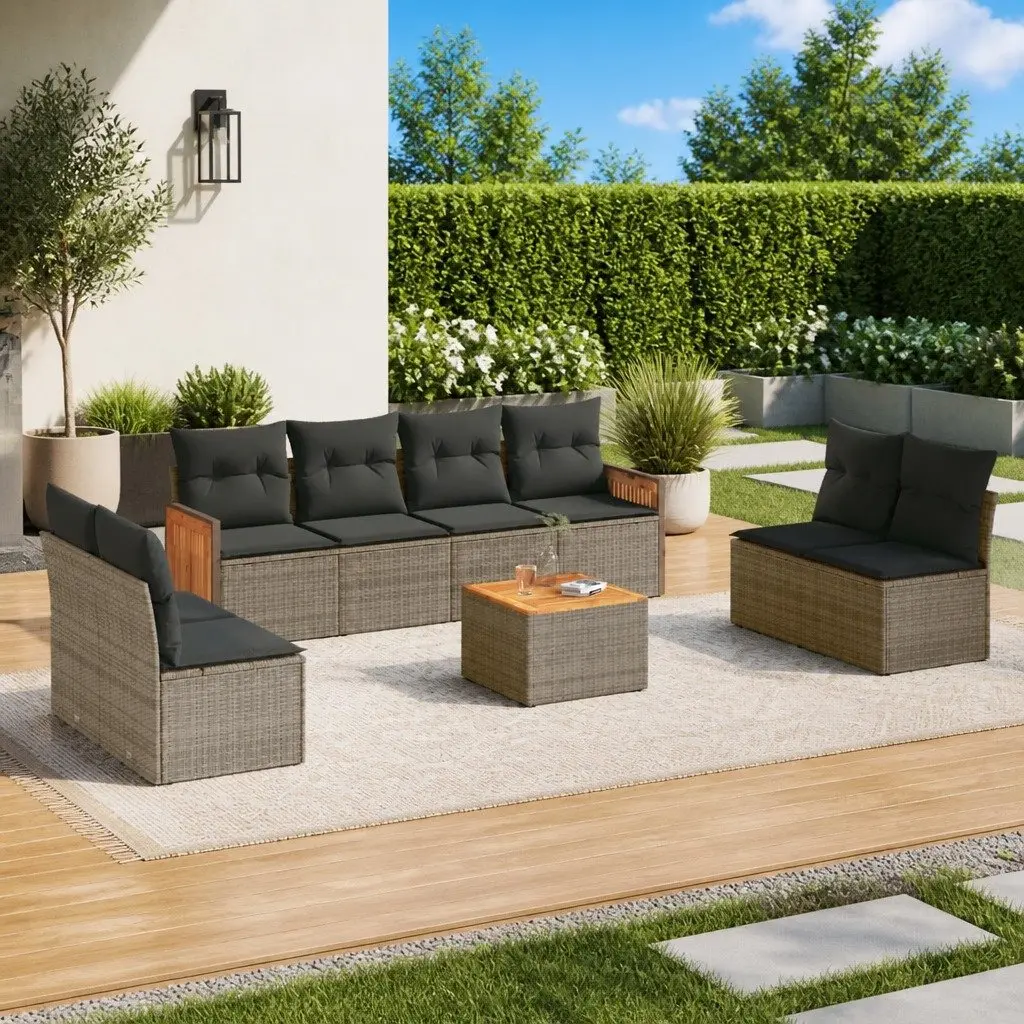 Garden Sofa Set PE Rattan 9 Piece Outdoor Furniture Grey with Cushions