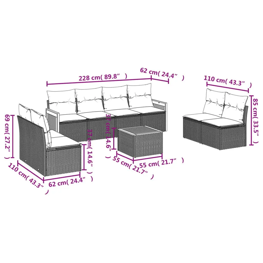 Garden Sofa Set PE Rattan 9 Piece Outdoor Furniture Grey with Cushions