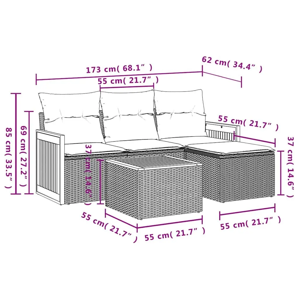 Garden Sofa Set PE Rattan 5 Piece Grey Outdoor Furniture Modular Patio