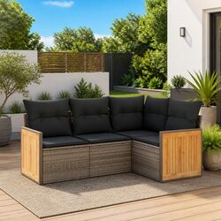 4 Piece Grey Poly Rattan Outdoor Sofa Set with Cushions