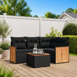 5 Piece Black Poly Rattan Outdoor Sofa Set with Cushions
