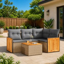 5-Piece Outdoor Sofa Set in Beige Rattan with Cushions