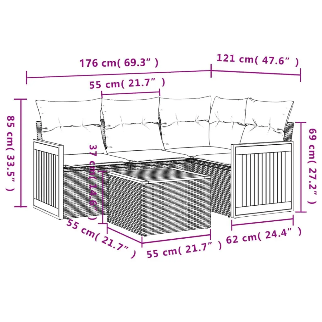 5 Piece Modular Garden Sofa Set with Grey Cushions