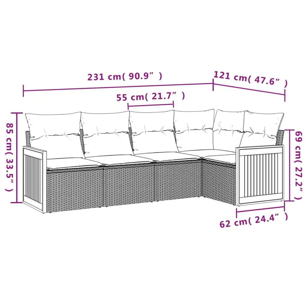 5 Piece Black Outdoor Sofa Set with Cushions