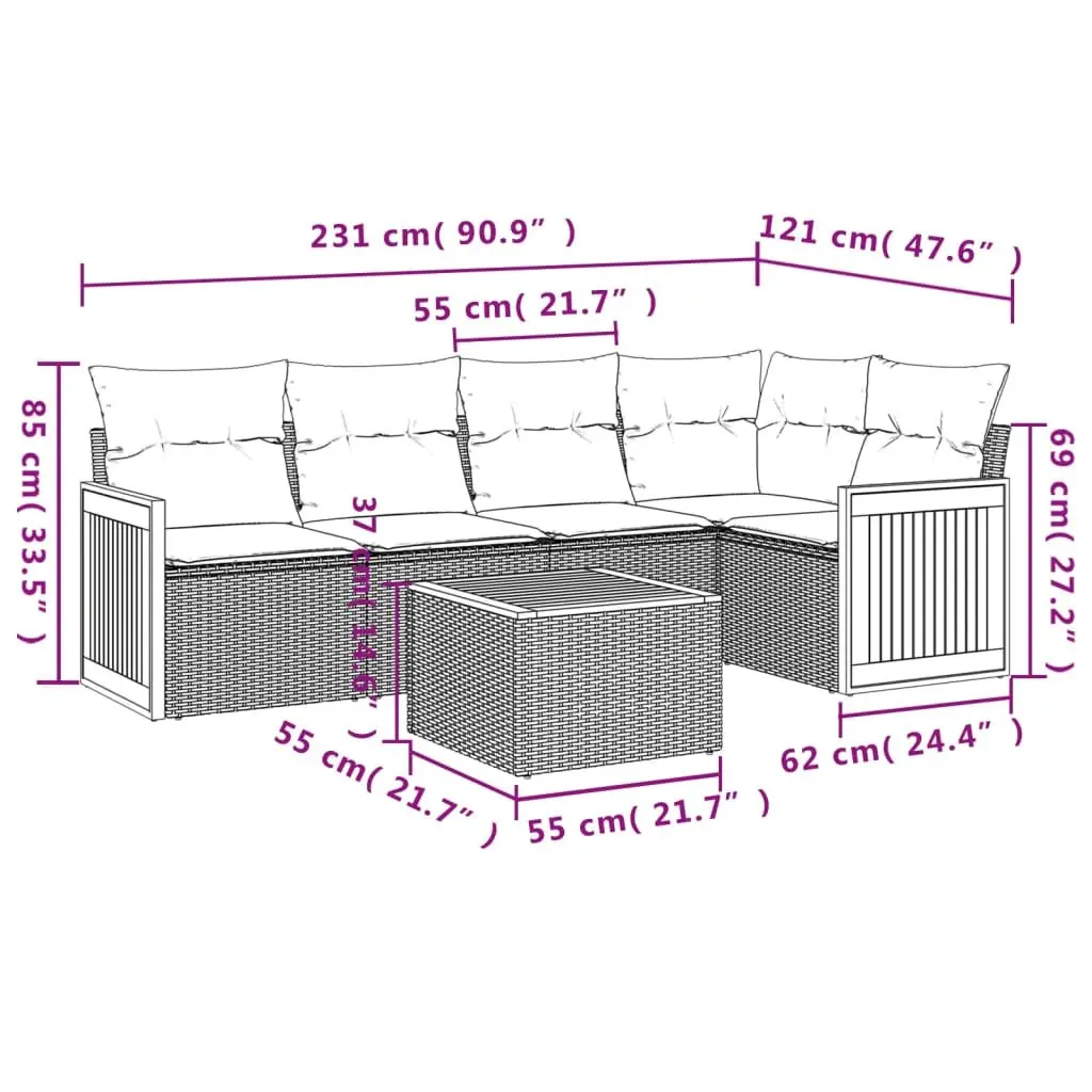 Grey Modular 6-Piece Outdoor Sofa Set with Cushions