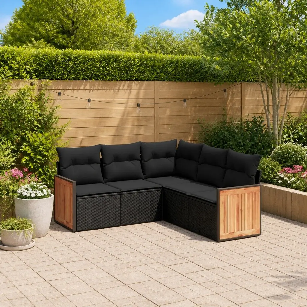 Garden Sofa Set PE Rattan 5 Piece Outdoor Furniture Sectional with Cushions Black