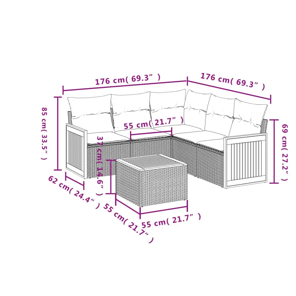 Garden Sofa Set PE Rattan 6 Piece Outdoor Furniture Modular Cushions Grey