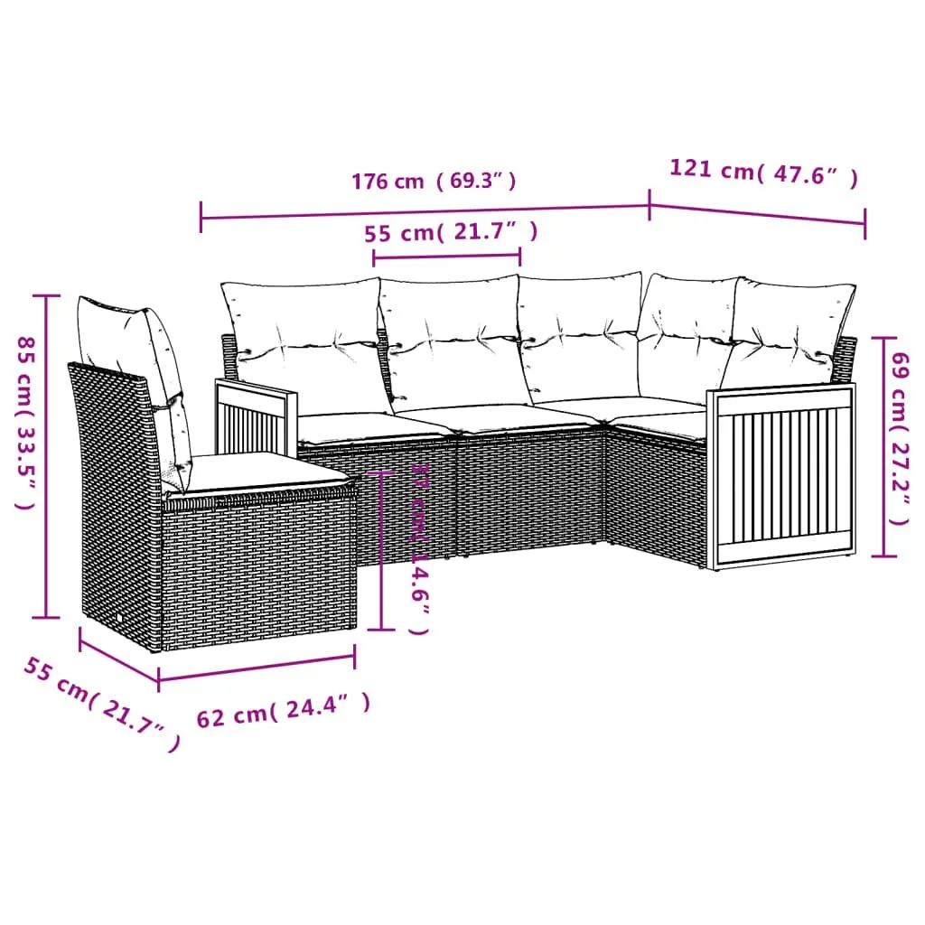 5-Piece Black Poly Rattan Garden Sofa Set