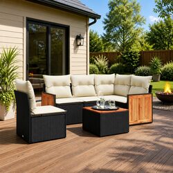 Premium 6-Piece Black Garden Sofa Set with Cushions