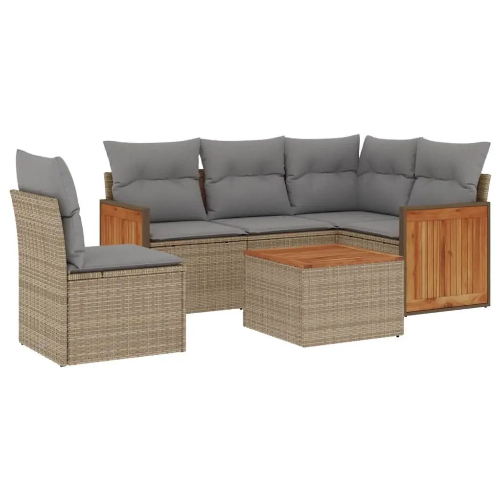 6 Piece Outdoor Garden Sofa Set PE Rattan Beige with Cushions Acacia Wood Table Top