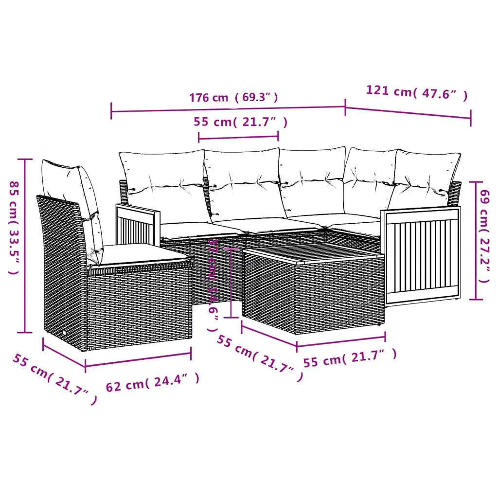 6 Piece Outdoor Garden Sofa Set PE Rattan Beige with Cushions Acacia Wood Table Top