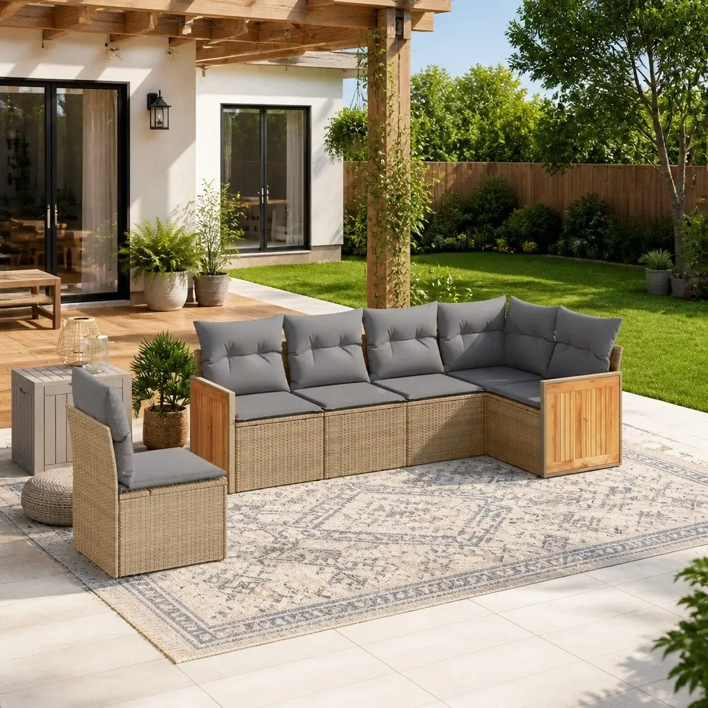 Beige 6-Piece Modular Outdoor Sofa Set with Cushions