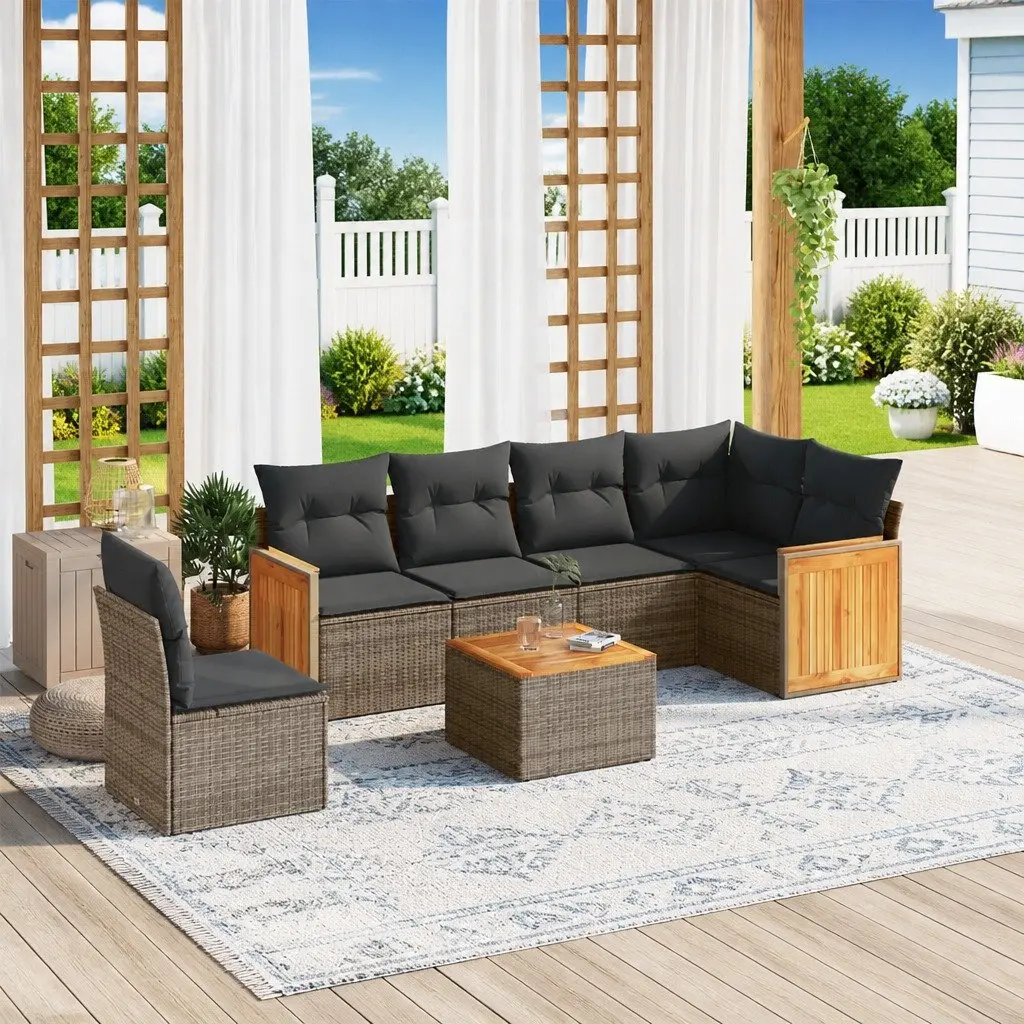 7 Piece Garden Sofa Set PE Rattan Acacia Wood Table Grey