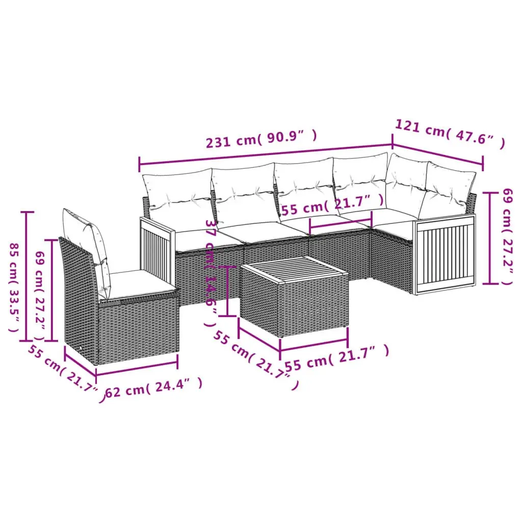 7 Piece Garden Sofa Set PE Rattan Acacia Wood Table Grey