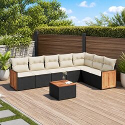 8-Piece Black Poly Rattan Garden Sofa Set with Cushions