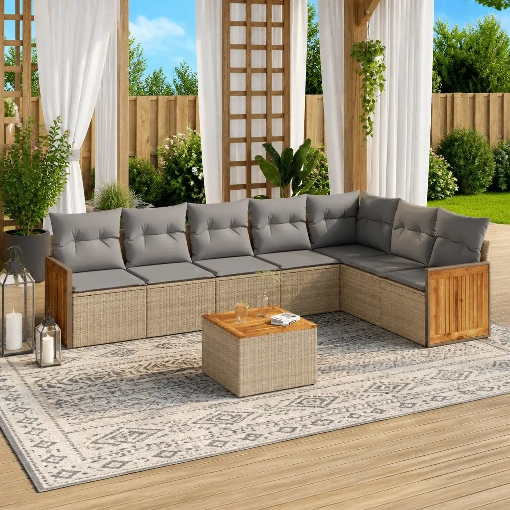 Garden Sofa Set PE Rattan 8 Piece Outdoor Furniture Acacia Wood Tabletop Beige with Cushions
