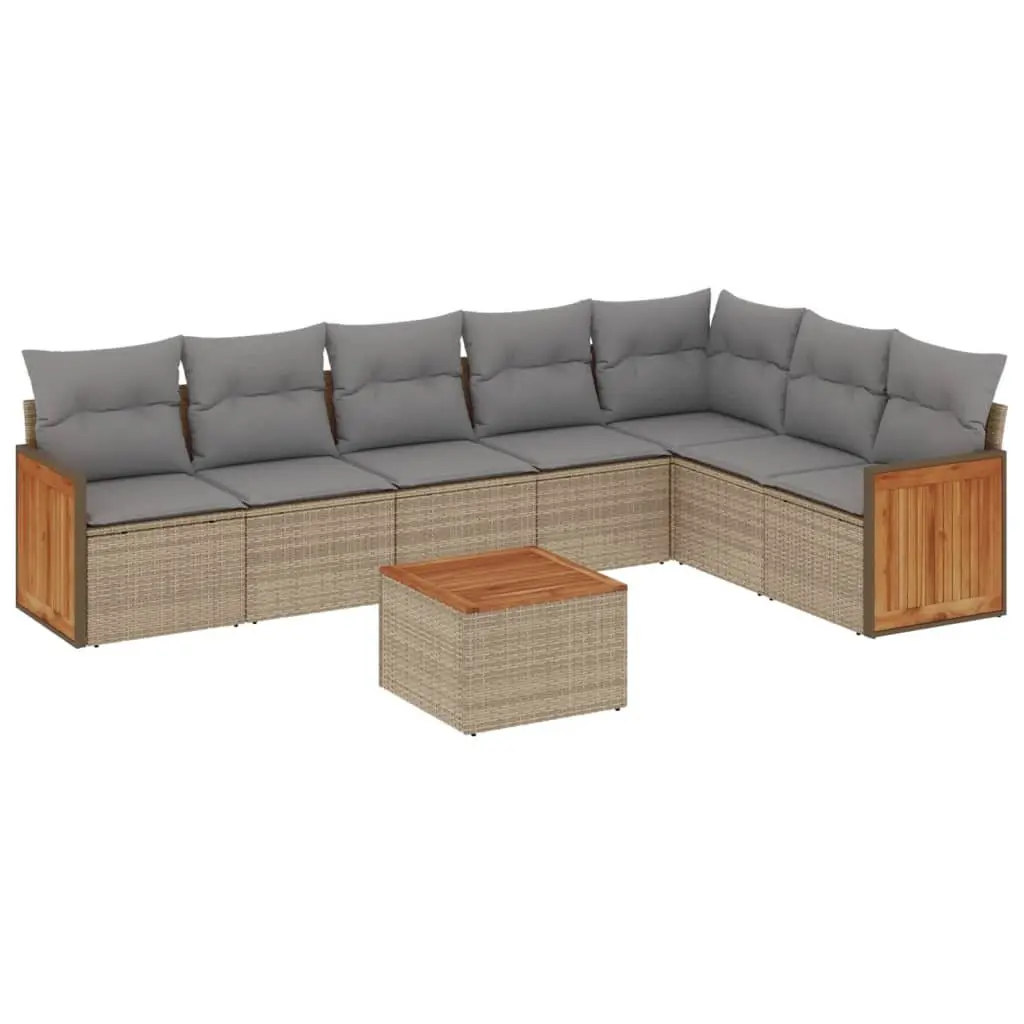 Garden Sofa Set PE Rattan 8 Piece Outdoor Furniture Acacia Wood Tabletop Beige with Cushions