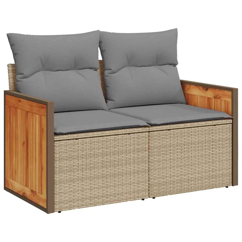 Garden Sofa Set PE Rattan 8 Piece Outdoor Furniture Acacia Wood Tabletop Beige with Cushions