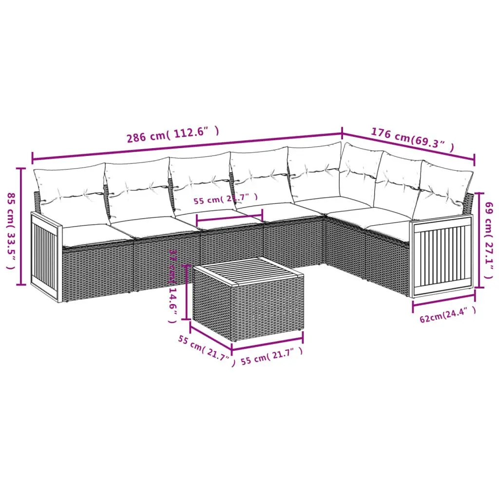 Garden Sofa Set PE Rattan 8 Piece Outdoor Furniture Acacia Wood Tabletop Beige with Cushions