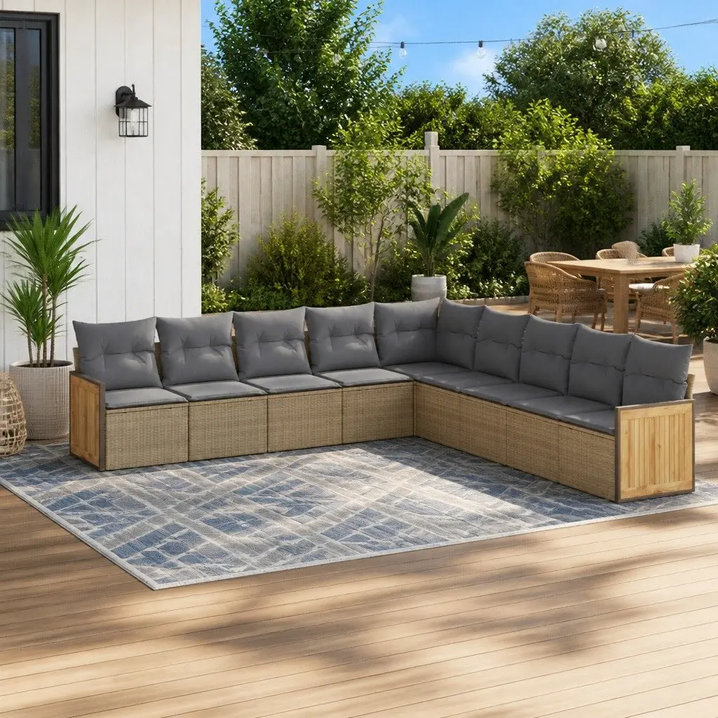 9-Piece Beige Outdoor Sofa Set with Cushions