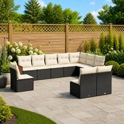 10-Piece Black Poly Rattan Garden Sofa Set with Cushions