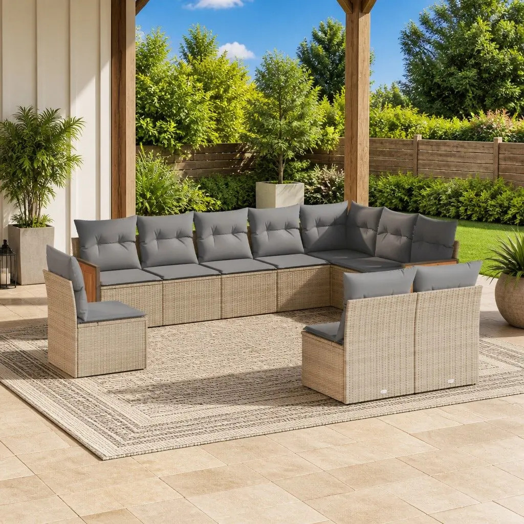 Beige Modular 10-Piece Garden Sofa Set with Cushions