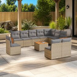 Beige Poly Rattan 11-Piece Outdoor Sofa Set with Cushions