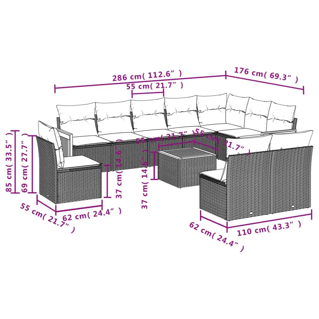 Garden Sofa Set PE Poly Rattan 11 Piece Modular Outdoor Furniture Grey