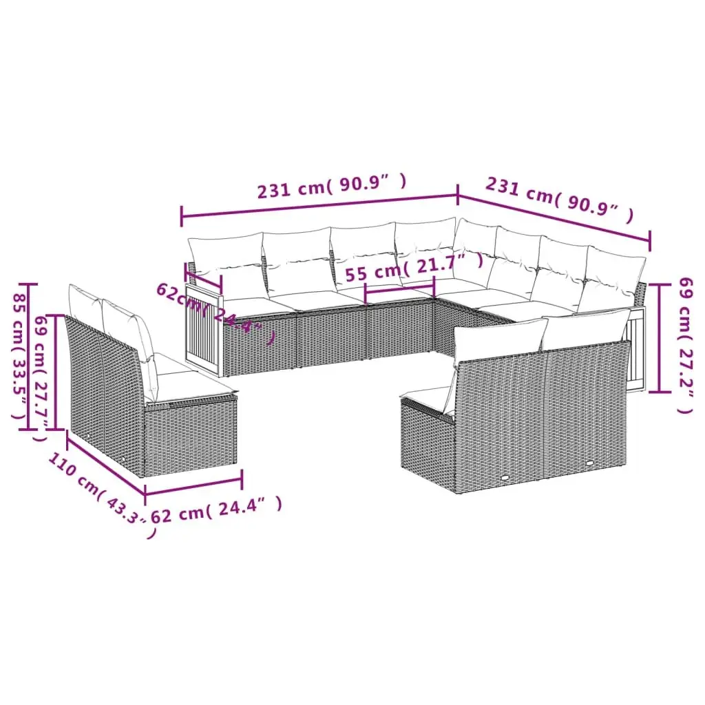 11 Piece Outdoor Garden Sofa Set in Black