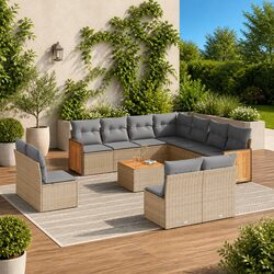 Beige Rattan 12-Piece Garden Sofa Set with Cushions