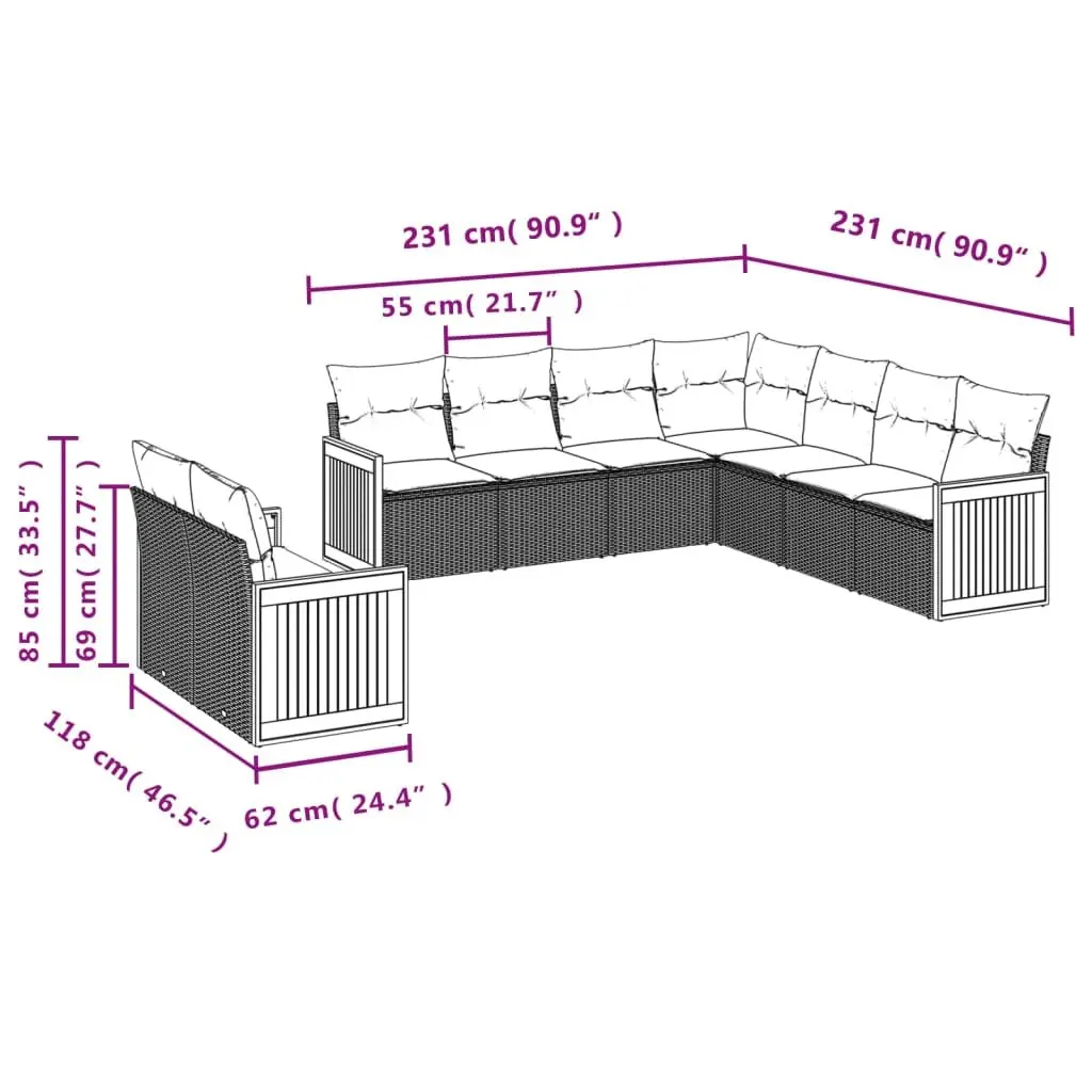 Modular 9-Piece Outdoor Rattan Sofa Set with Cushions