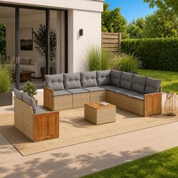10-Piece Outdoor Garden Sofa Set with Cushions in Beige