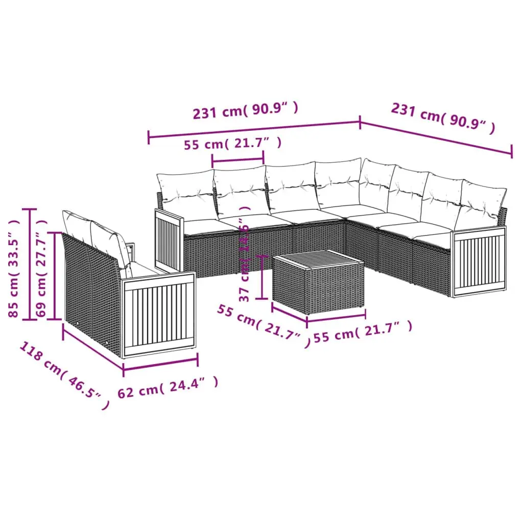 Garden Sofa Set PE Rattan 10 Piece Modular Outdoor Furniture Grey