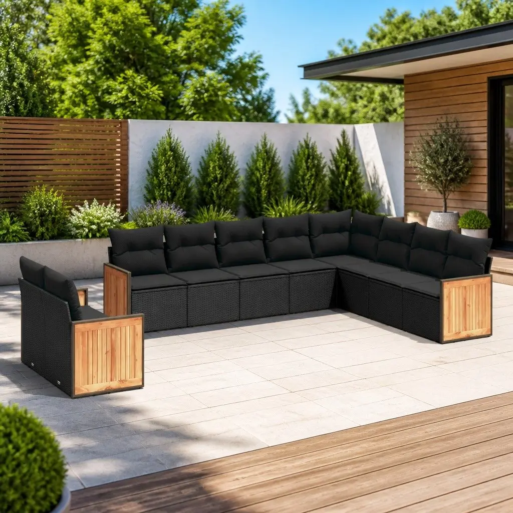 10 Piece Black Poly Rattan Garden Sofa Set