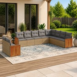 10-Piece Beige Poly Rattan Modular Garden Sofa Set